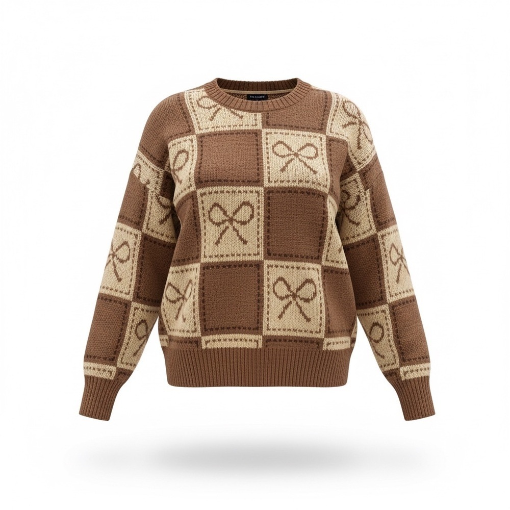 Blu Pepper Brown and Cream Bow Knit Sweater